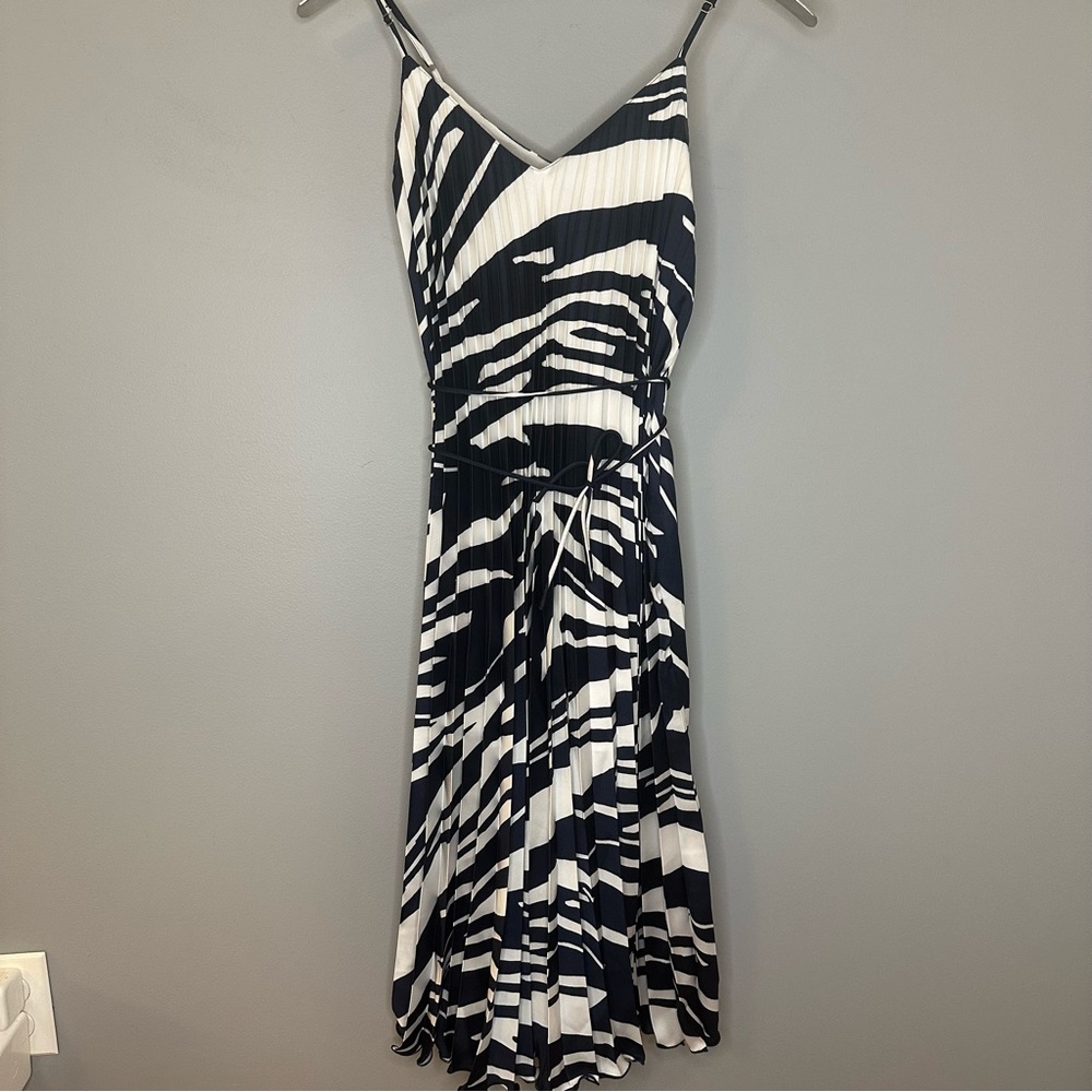 NWOT Banana Republic Pleated Navy and White Patterned Midi Dress — Size Petite S